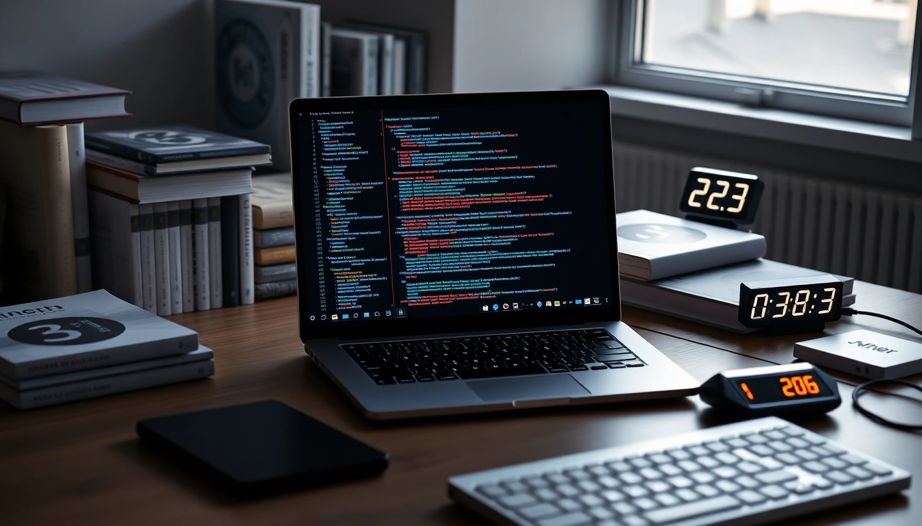 Espacio de trabajo moderno con laptop mostrando código complejo, libros de programación, teclado mecánico y temporizador digital.