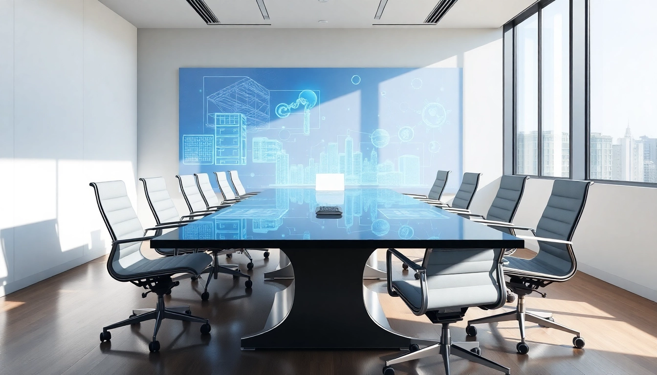Sala de conferencias moderna con mesa de vidrio y hologramas azules simbolizando innovación y liderazgo profesional.