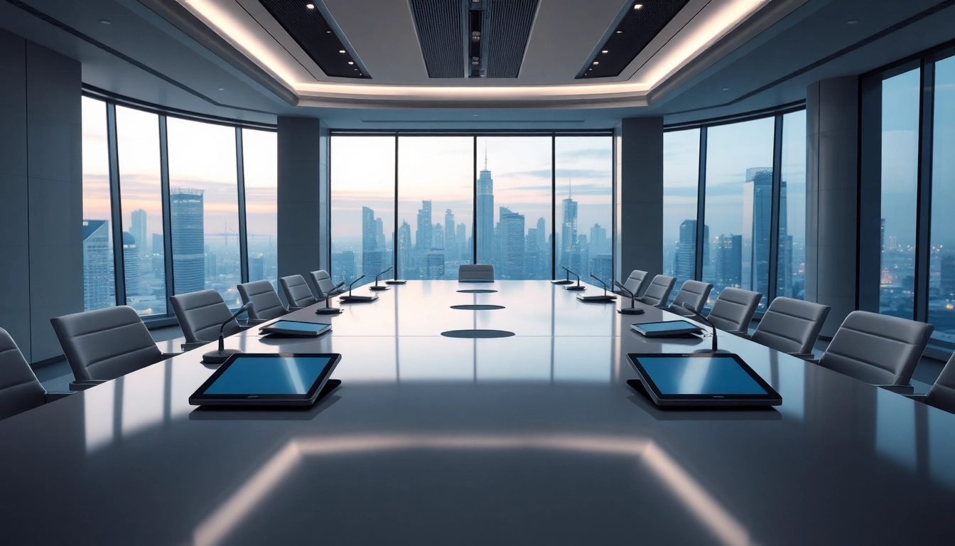 Mesa de conferencia moderna con micrófonos y tabletas digitales en sala minimalista con vista a ciudad futurista al atardecer.
