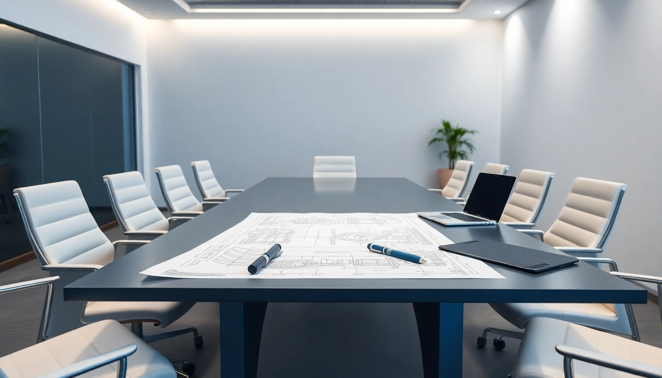 Mesa de conferencias moderna con planos de ingeniería y laptop en sala minimalista y tecnológica para reuniones.