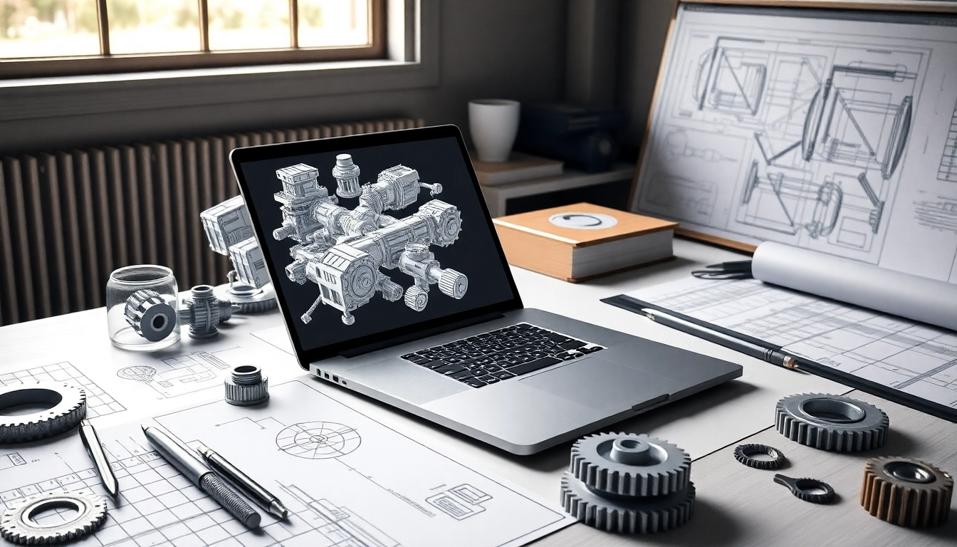 Espacio de trabajo moderno con laptop abierta en modelos 3D, planos y herramientas de precisión, iluminación natural que sugiere tecnología avanzada.