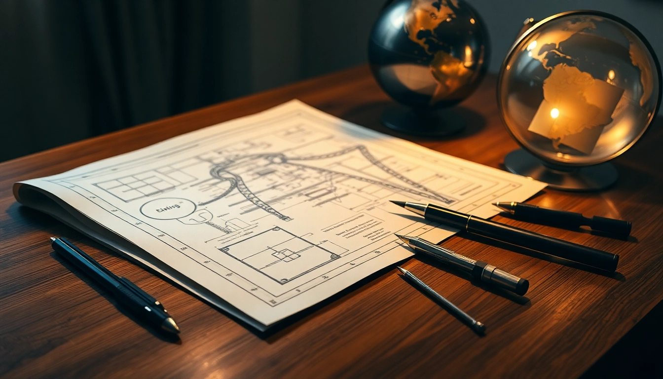 Planos azules vintage iluminados y herramientas de dibujo sobre escritorio de madera con globo metálico y luz suave.