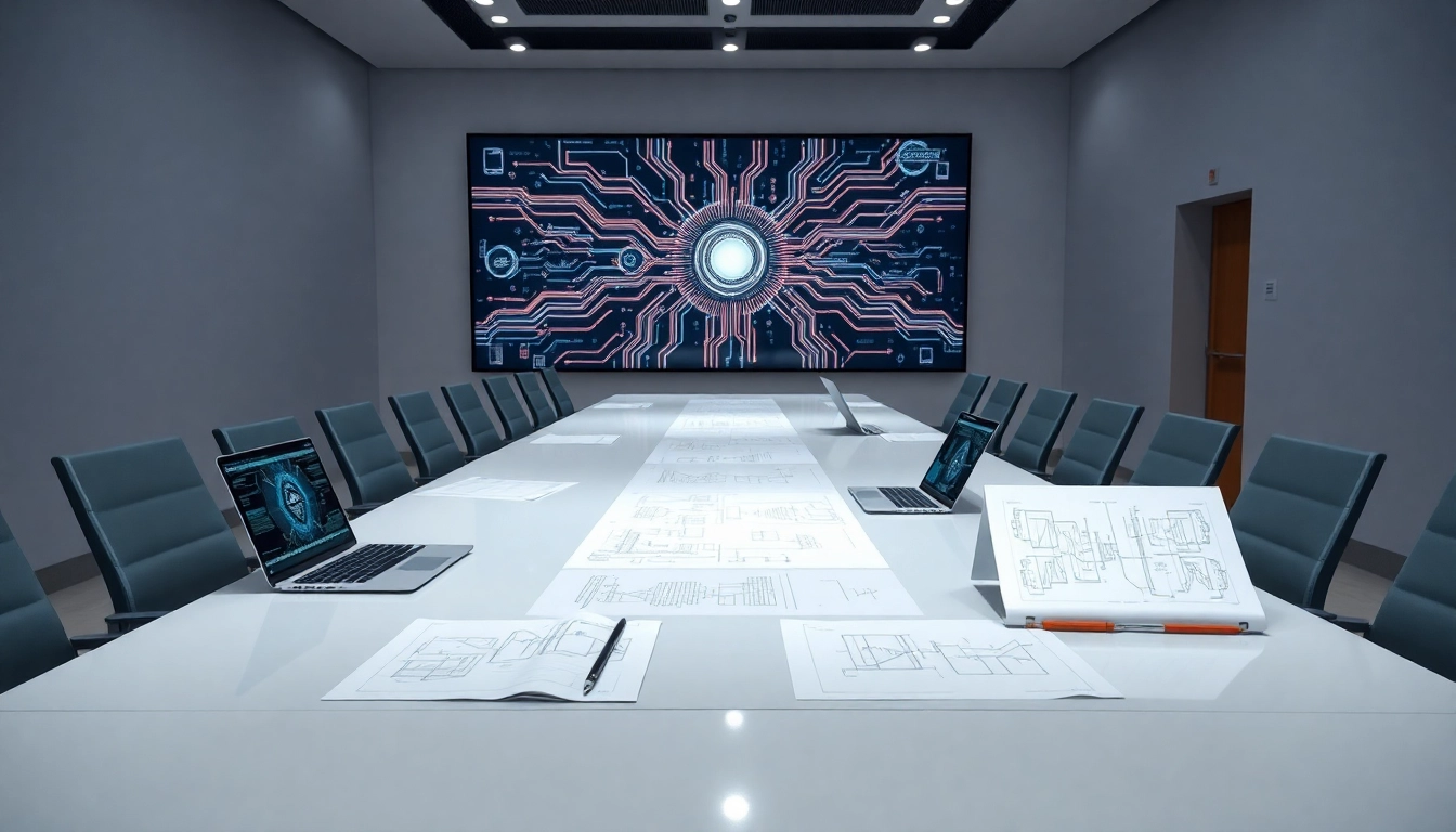 Sala de conferencias moderna con mesa larga, cuadernos, planos técnicos y pantallas digitales en entorno minimalista.