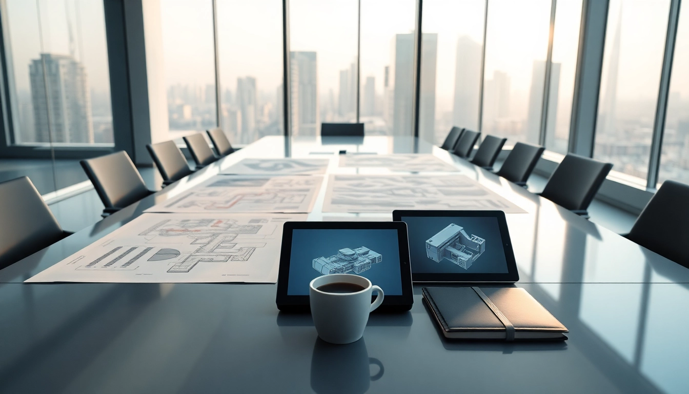Mesa moderna en sala de juntas con planos de ingeniería, tabletas digitales y coffee cup frente a ventana con vista a ciudad futurista.