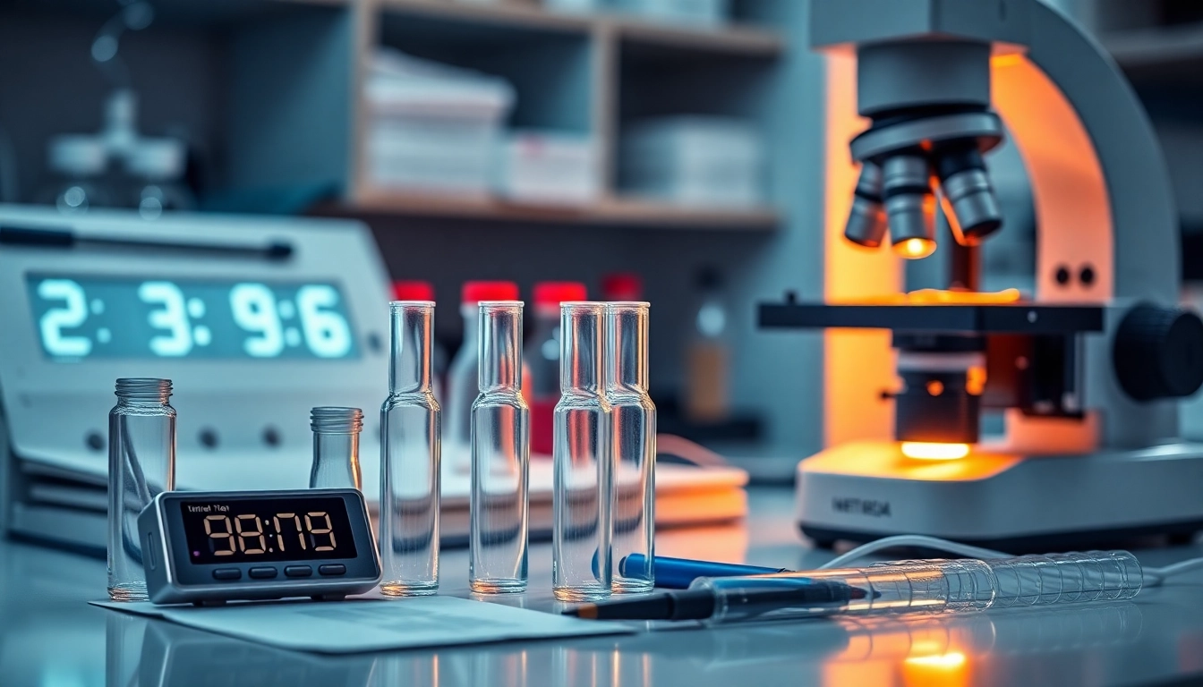 Estación de trabajo de laboratorio con frascos, cronómetro digital y microscopio iluminado, símbolo de investigación médica precisa.