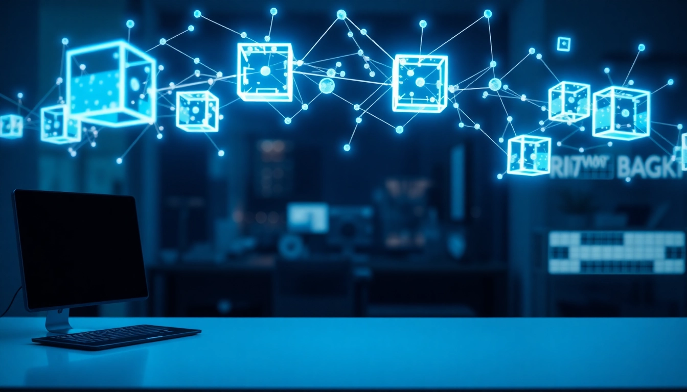 Espacio de trabajo moderno con escritorio minimalista y red digital de cubos translúcidos, símbolo de integración de datos.