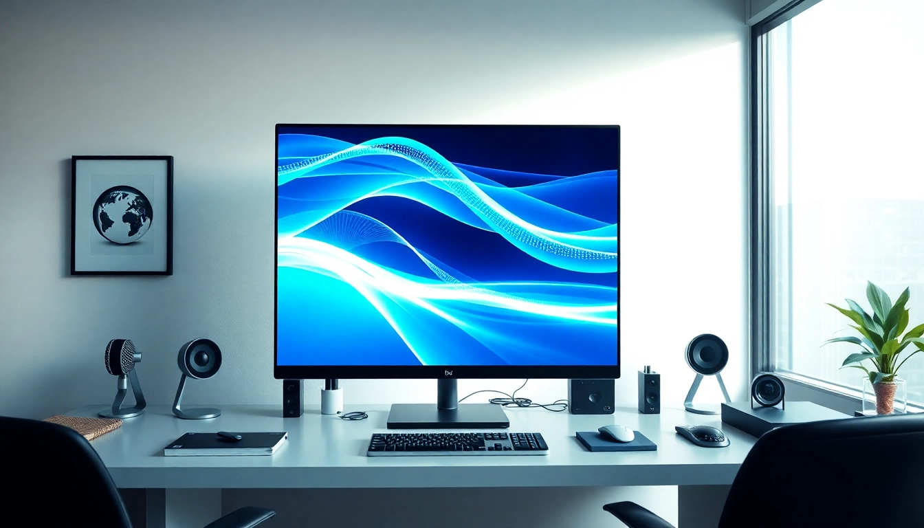Espacio de trabajo moderno con monitor de alta resolución mostrando código digital en azul y verde, ambiente profesional y tecnológico.