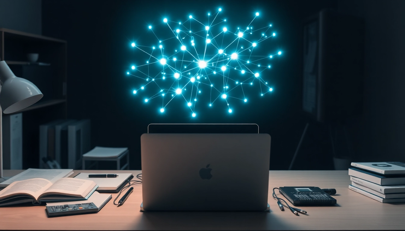 Espacio de trabajo moderno con holograma de red neuronal sobre laptop, libros técnicos y placas de circuito en iluminación tenue.