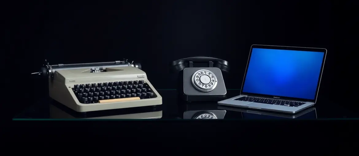 Máquina de escribir vintage, teléfono rotatorio y dispositivos digitales en escritorio moderno, simbolizando medios tradicionales y tecnología.