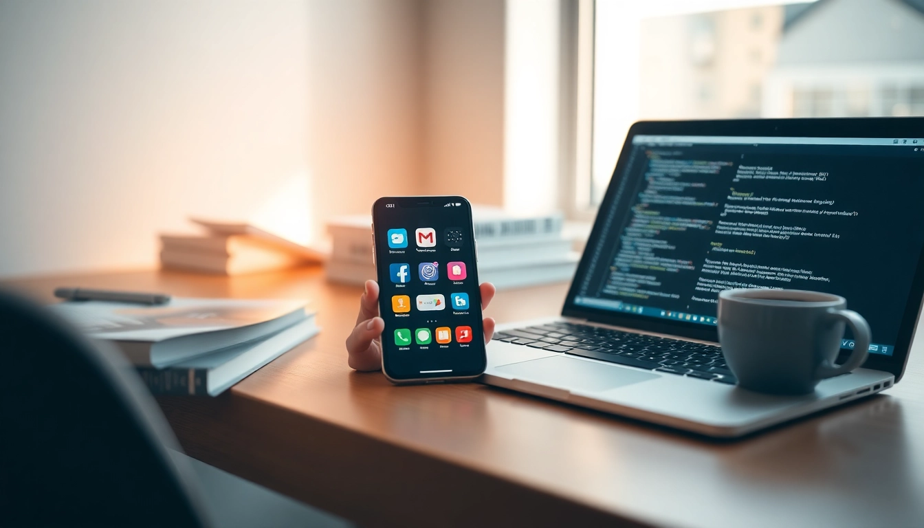 Espacio de trabajo moderno con smartphone, libros de programación, laptop con código y luz natural, ideal para desarrollo móvil.