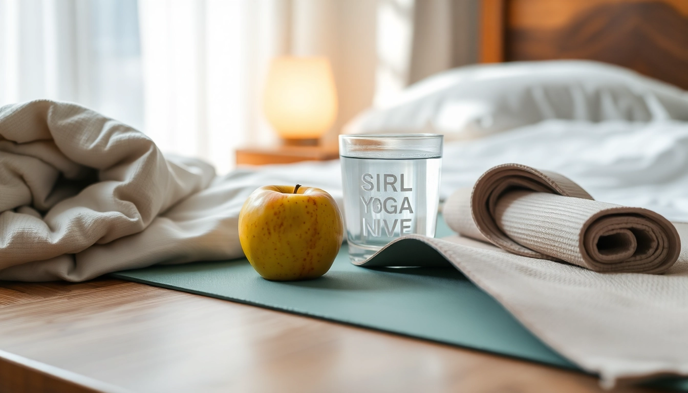 Manta doblada, manzana madura, vaso de agua, tapete de yoga enrollado y lámpara de noche sobre madera con luz natural.