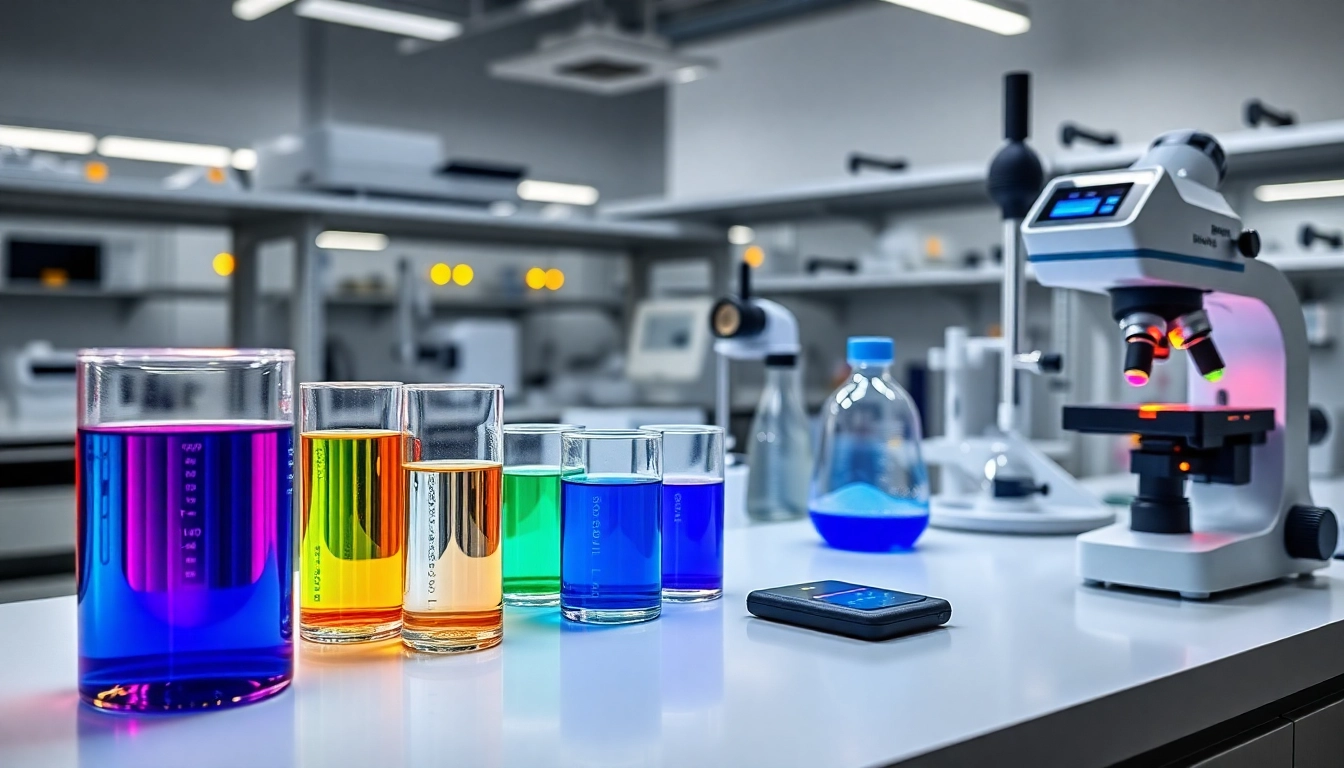 Espacio de laboratorio financiero moderno con viales de vidrio y microscopio digital iluminado, ideal para análisis tributarios.