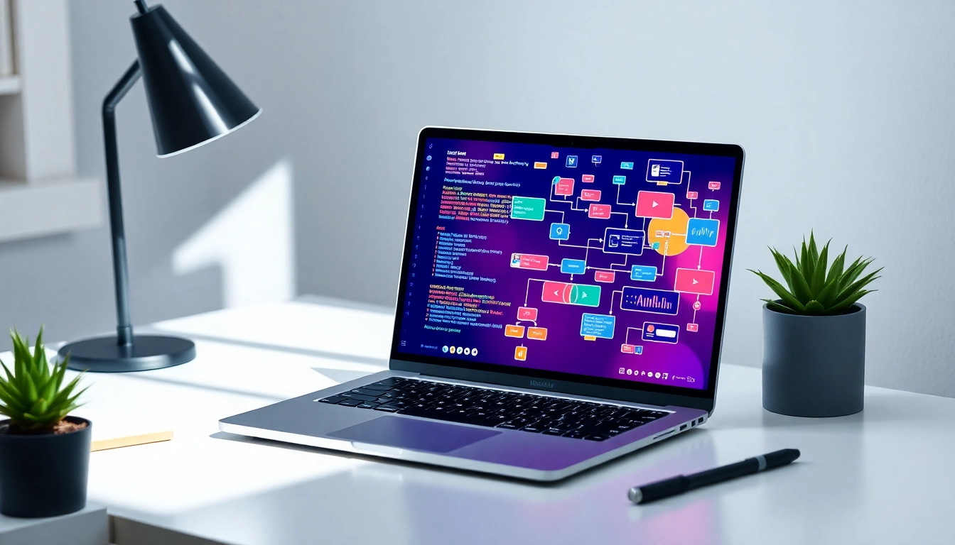 Espacio de trabajo moderno con laptop minimalista mostrando diagramas y código, simbolizando innovación tecnológica y eficiencia.