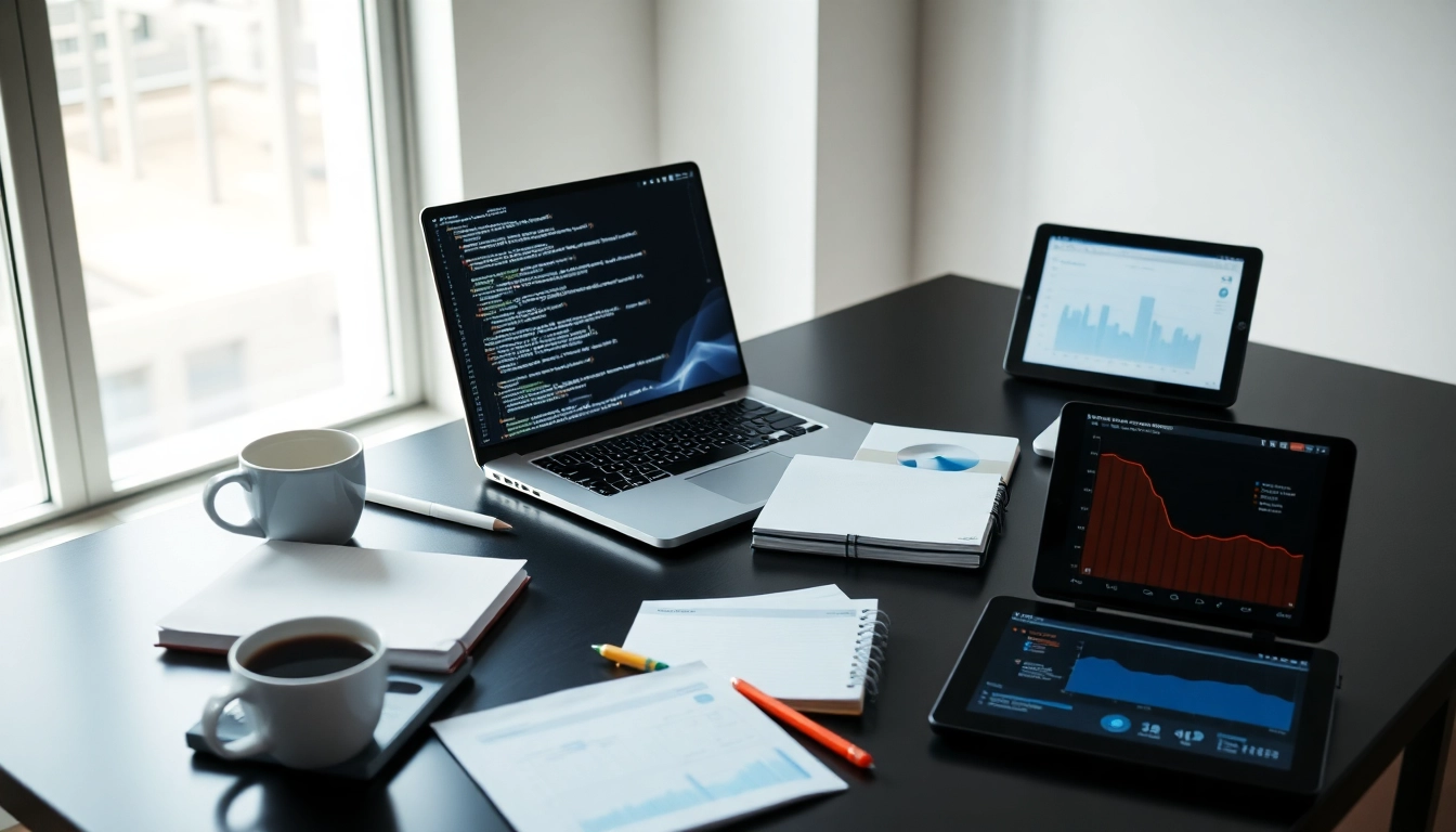Escritorio moderno con laptop mostrando código, tablet con gráficos de rendimiento, café y cuadernos, luz natural iluminando ambiente.