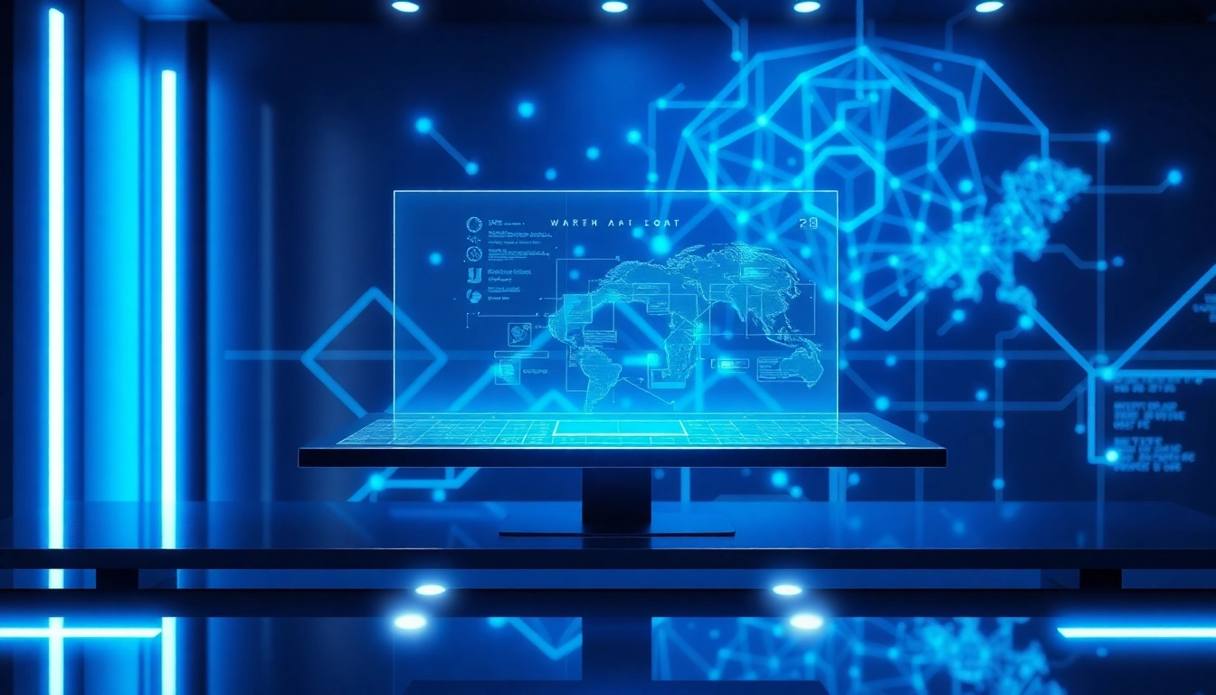 Espacio de trabajo futurista con interfaz holográfica y luces LED azules, ideal para análisis financiero y tributario digital.