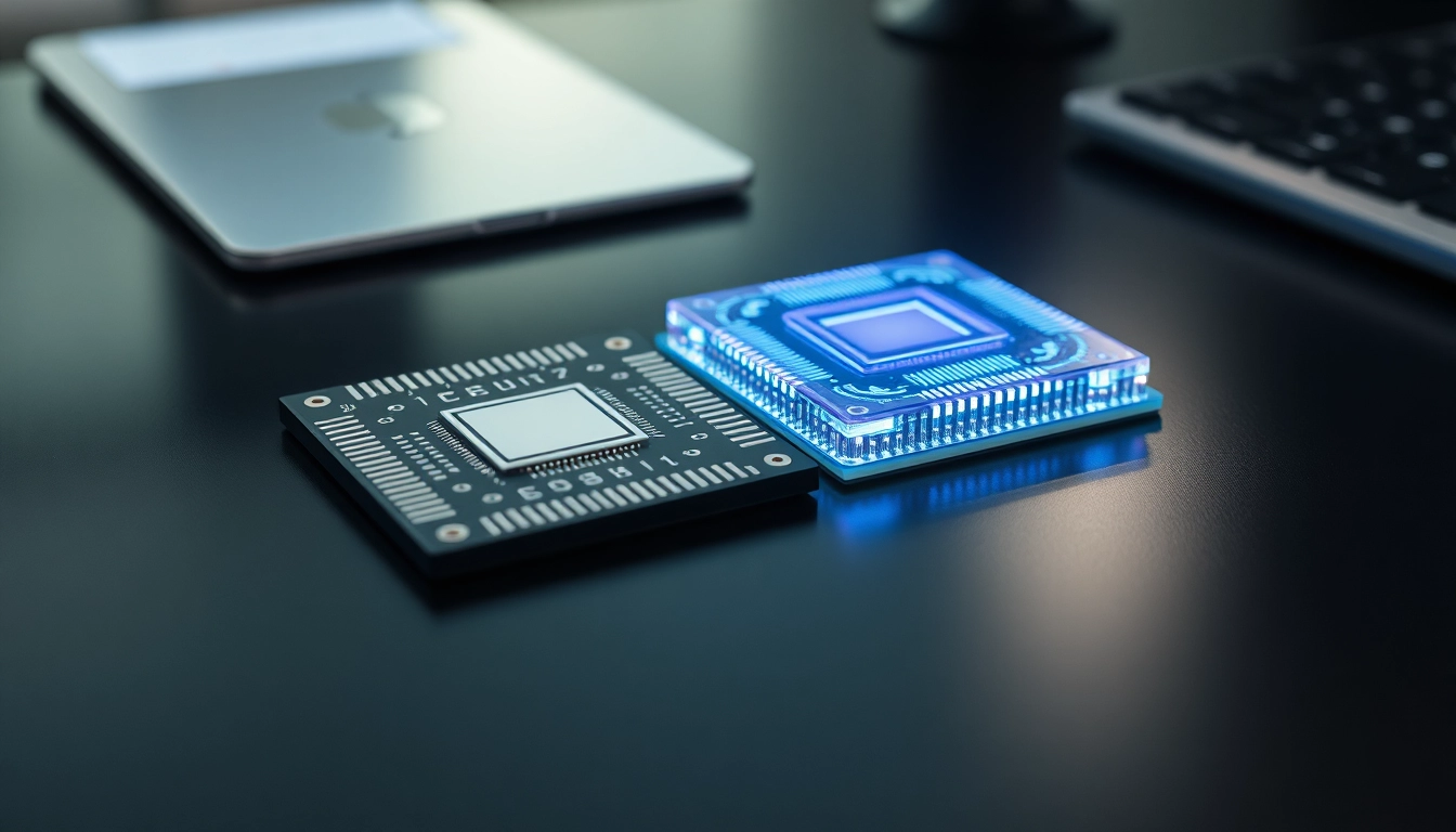 Chip cuántico transparente junto a microprocesador metálico sobre superficie negra, simbolizando tecnología avanzada y tradicional.