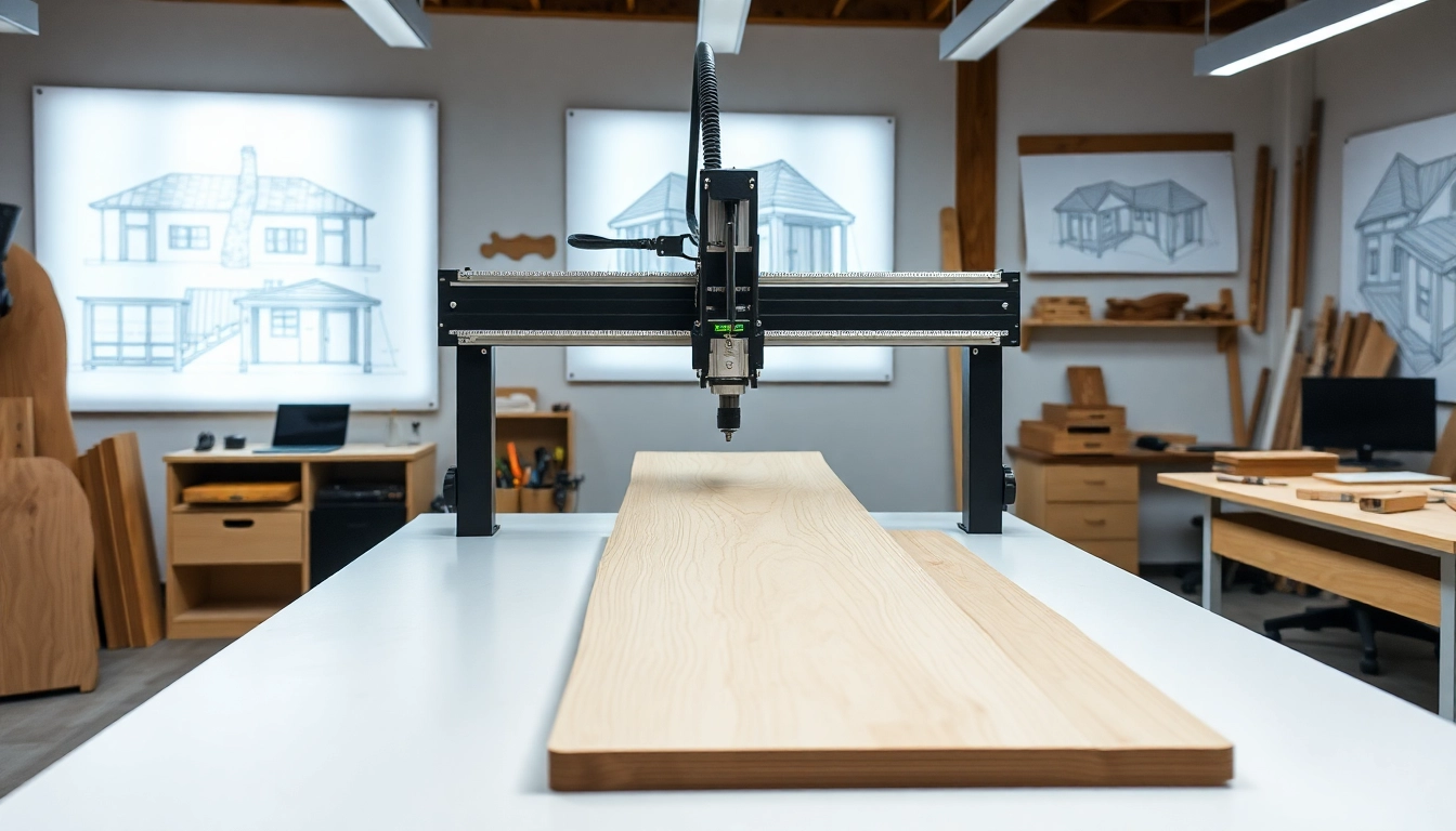 Espacio de trabajo moderno con máquina CNC cortando madera, herramientas ordenadas y planos digitales en un taller bien iluminado.