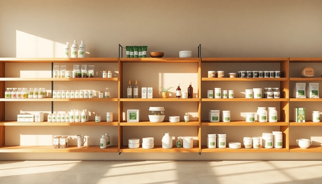Estantes minimalistas de madera con productos ecológicos y contenedores reutilizables, luz natural y fondo beige.