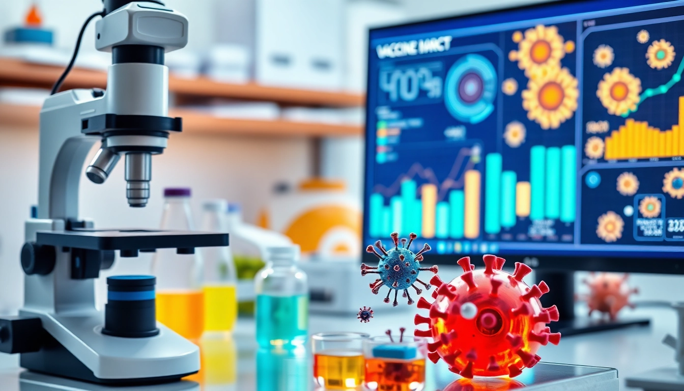 Microscopio y modelos moleculares en laboratorio científico iluminado, enfocado en investigación precisa de vacunas.