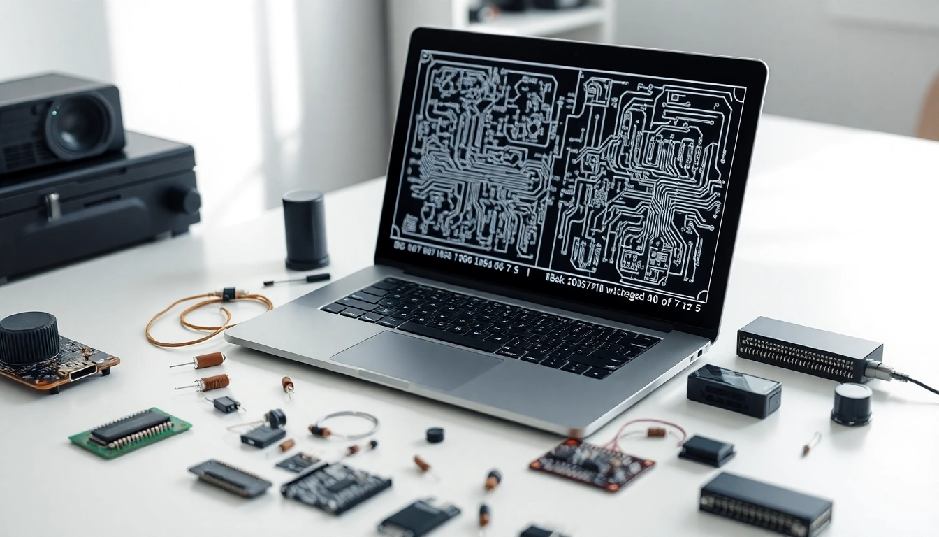 Espacio de trabajo moderno con laptop mostrando diagramas electrónicos y componentes, ideal para análisis financiero en oficina.