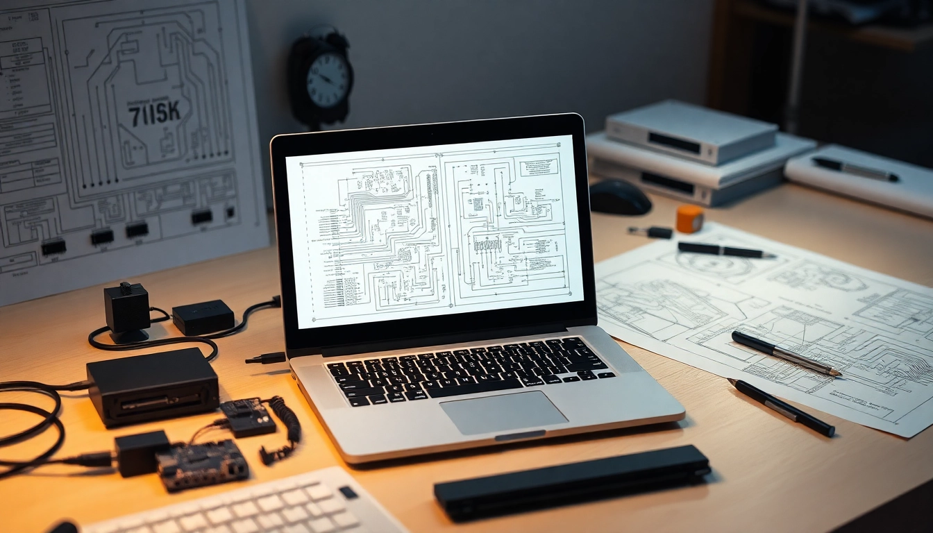 Espacio de trabajo ordenado con laptop moderna, diagramas electrónicos complejos y herramientas de precisión bajo luz focalizada.