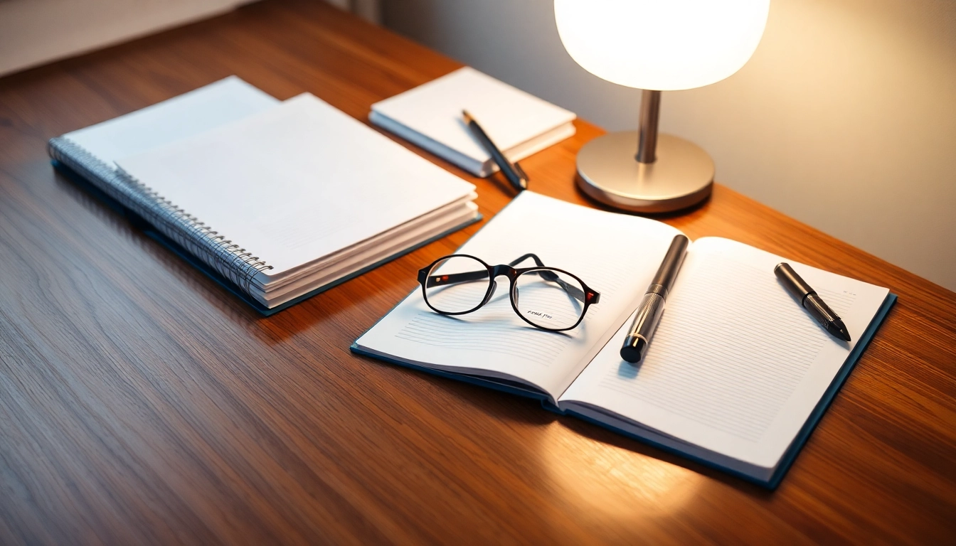 Escritorio de madera pulida con cuadernos profesionales, pluma estilográfica y lámpara cálida en oficina moderna.