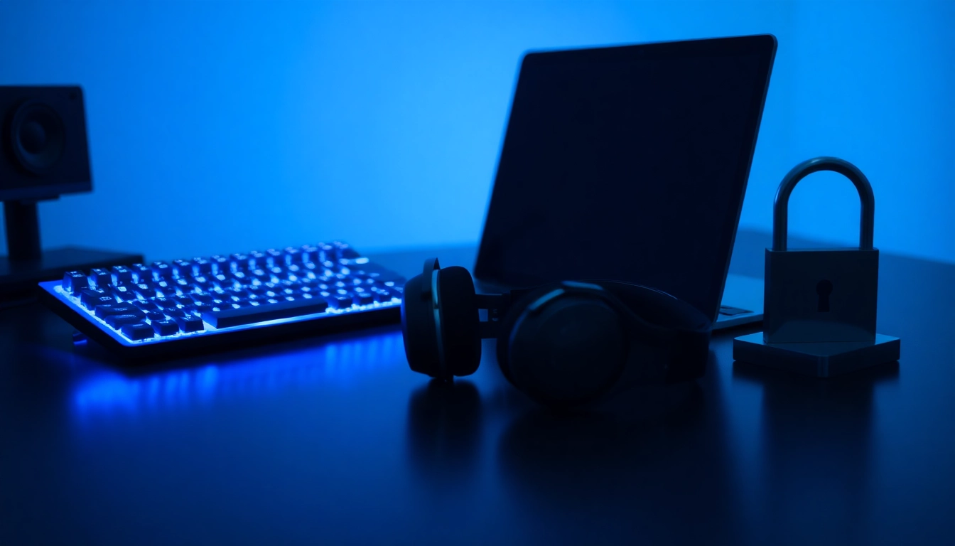 Espacio de trabajo moderno con teclado mecánico iluminado azul, audífonos, laptop y sujetapapeles metálico en forma de candado, simbolizando seguridad digital.