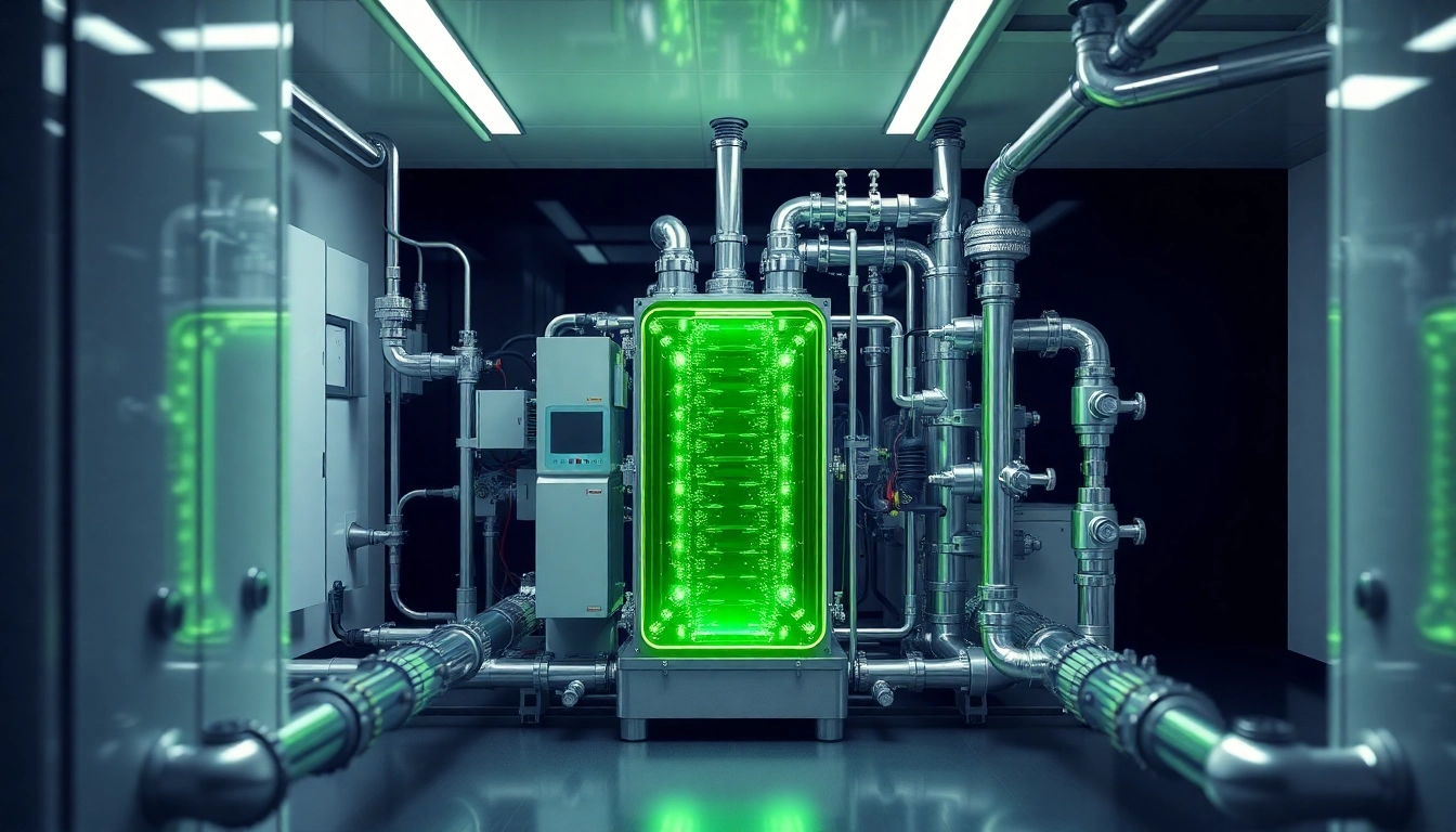 Laboratorio moderno con celda de combustible de hidrógeno verde rodeada de tuberías metálicas y válvulas iluminadas.