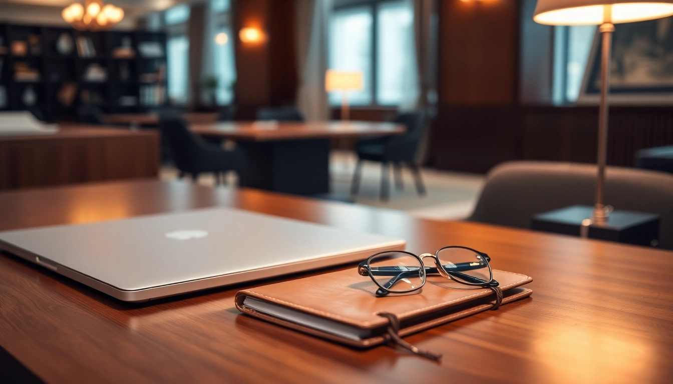 Espacio de trabajo moderno con escritorio de madera, laptop cerrada, pluma estilográfica, gafas y lámpara en oficina elegante.