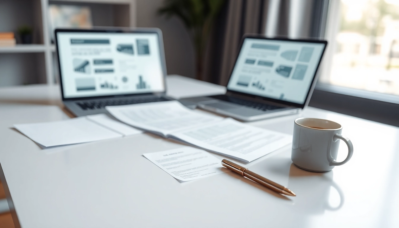 Escritorio moderno con documentos legales organizados, laptop con interfaz digital y taza de café iluminados por luz natural.