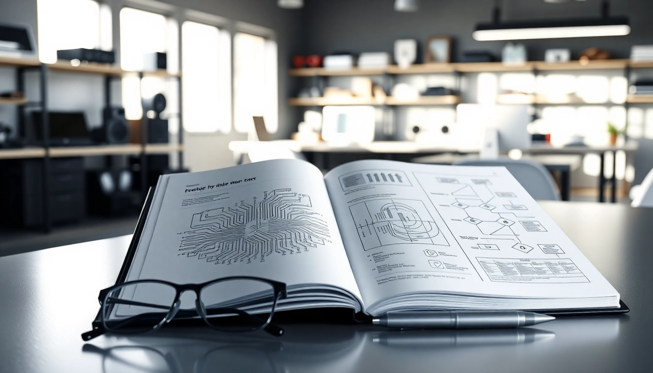 Escritorio moderno con cuaderno abierto mostrando diagramas de circuitos y flujo, anteojos y bolígrafo en oficina tecnológica.