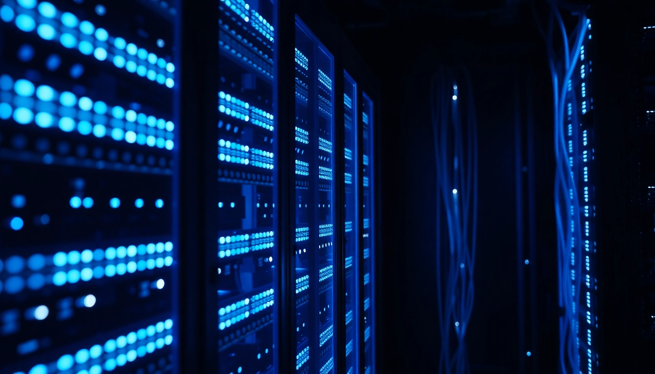Rack de servidores moderno con luces LED azules y cables organizados en centro de datos, simbolizando seguridad digital avanzada.