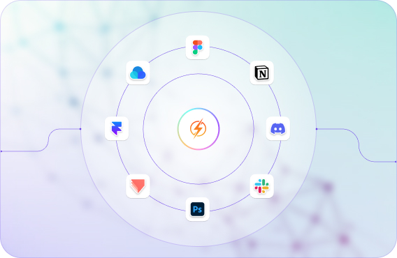 Texto alternativo optimizado para SEO: 

"Gráfico que muestra una interfaz de integración de aplicaciones, con un diseño circular en el centro que destaca un ícono de rayo. Alrededor, se encuentran los logotipos de diversas herramientas digitales como Figma, Notion, Discord, Slack, Photoshop, y otras, simbolizando la conectividad y colaboración entre plataformas para mejorar la productividad y el trabajo en equipo."