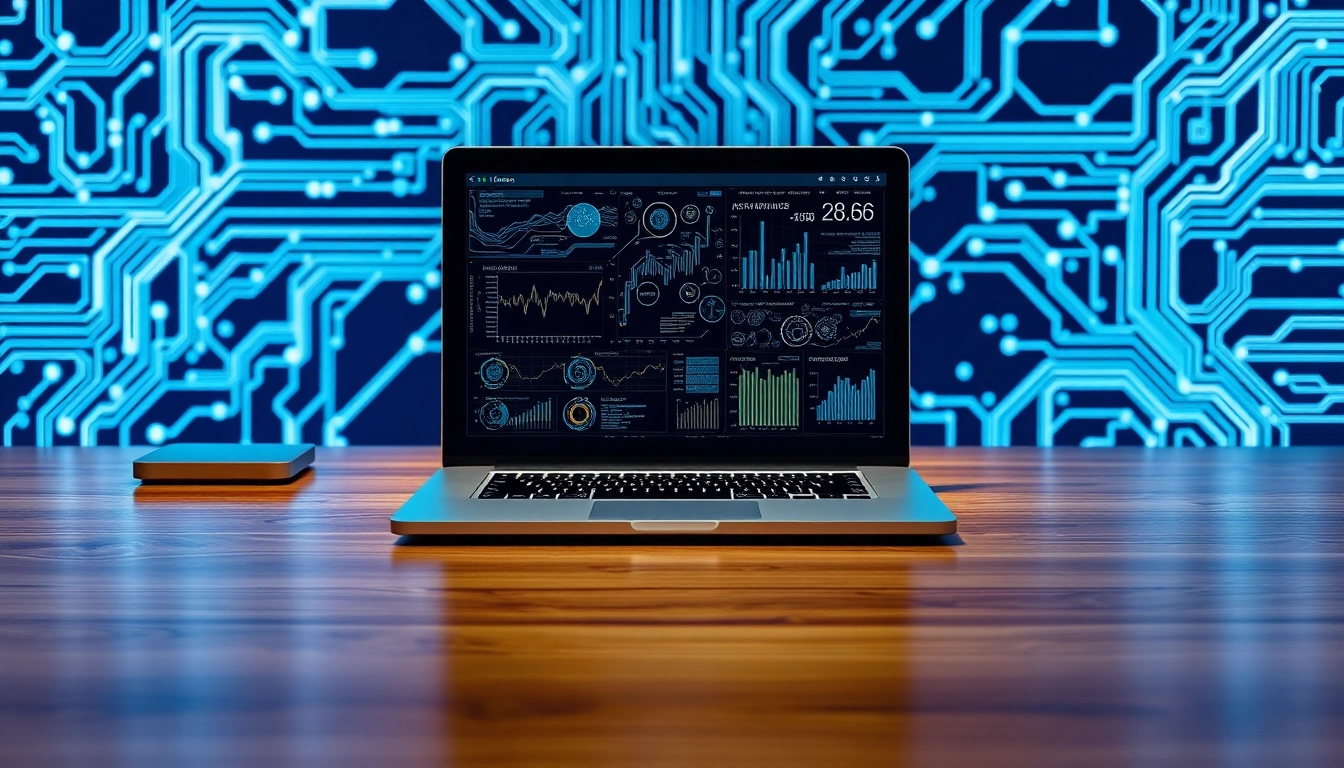 Espacio de trabajo moderno con escritorio de madera y laptop mostrando gráficos financieros digitales en luz profesional.