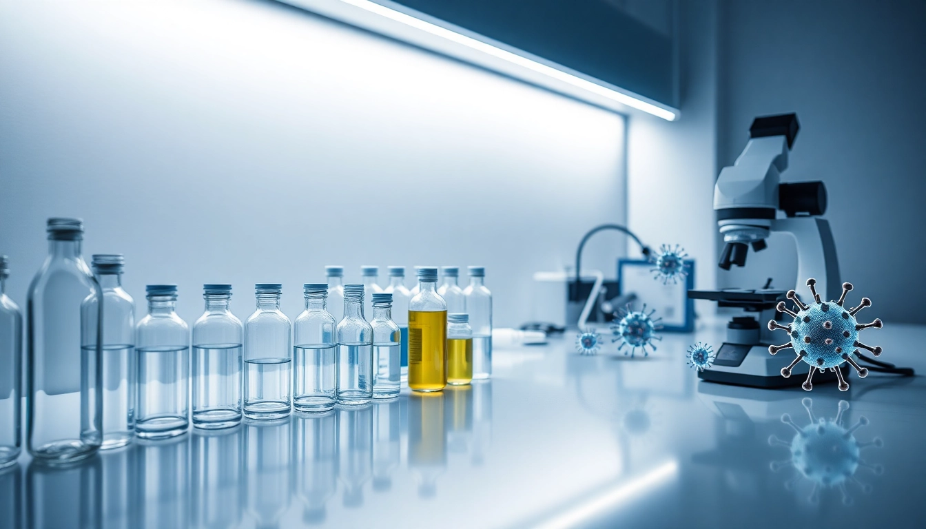 Estación de trabajo de laboratorio con viales, pipetas y microscopio digital mostrando modelos moleculares, foco en investigación biotecnológica.