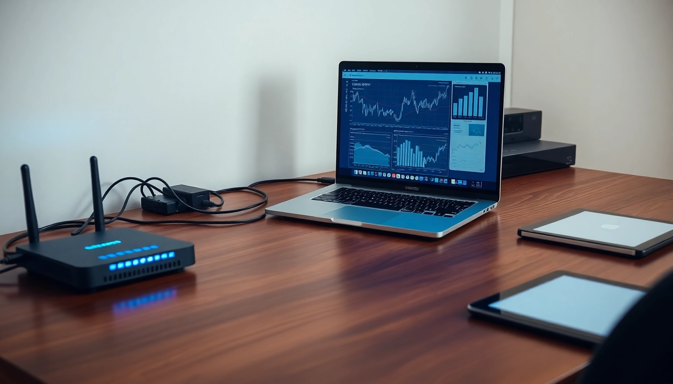 Espacio de trabajo moderno con laptop y gráficos de datos financieros, router y tablet, iluminado para precisión tecnológica.