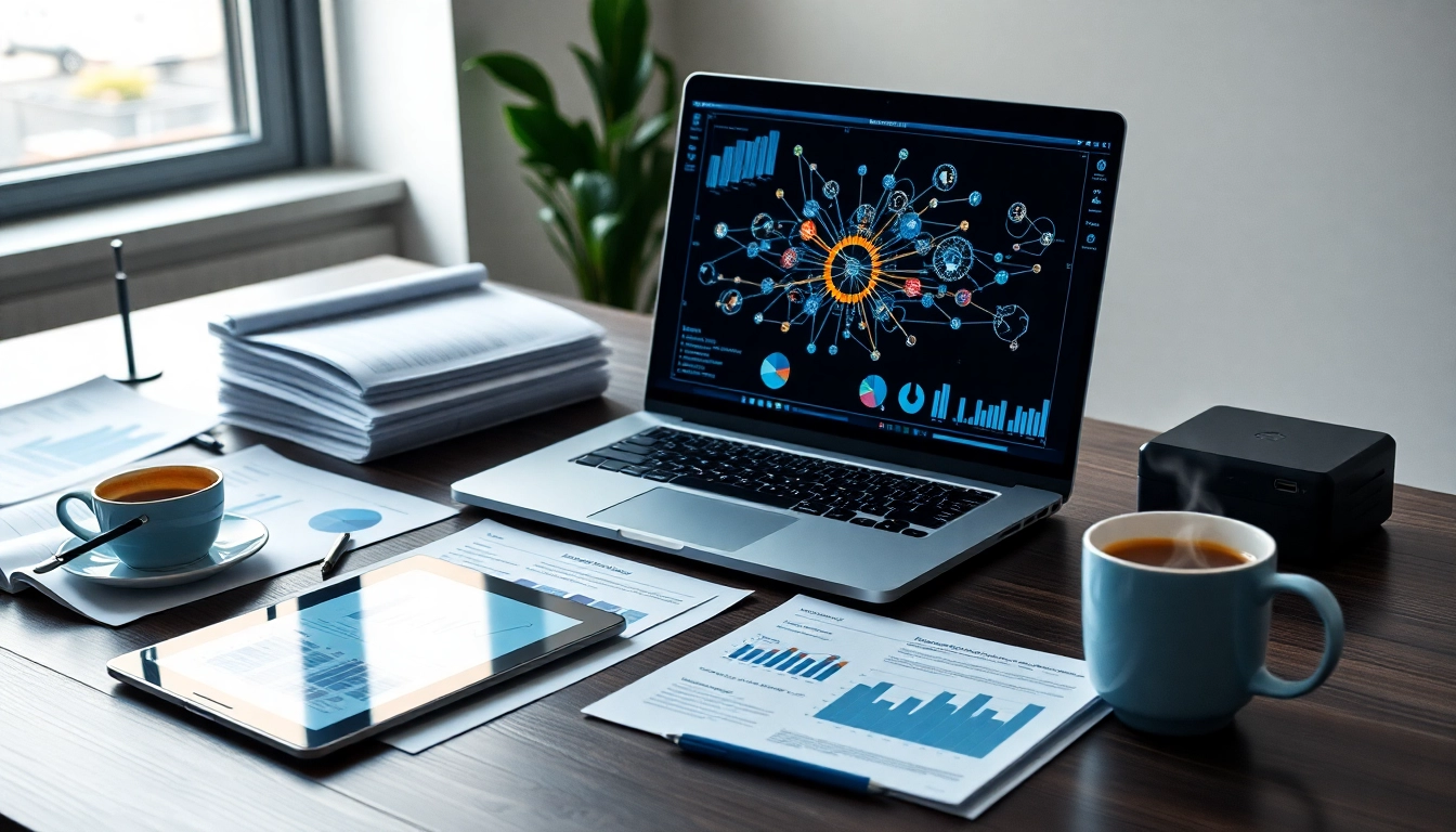 Escritorio moderno con laptop mostrando diagramas de redes, reportes financieros y tableta con análisis de datos en oficina eficiente.