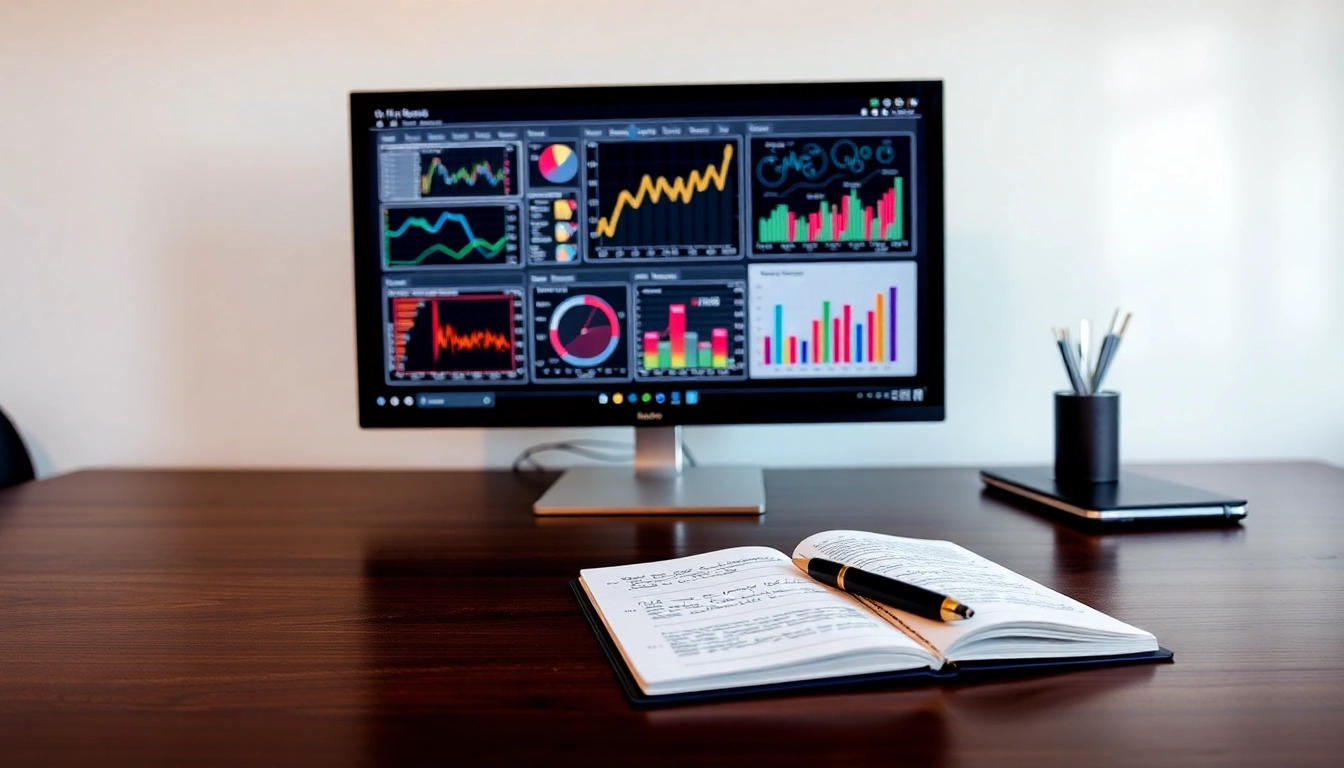 Espacio de trabajo moderno con monitor mostrando gráficos financieros y cuaderno con notas manuscritas en escritorio de madera.
