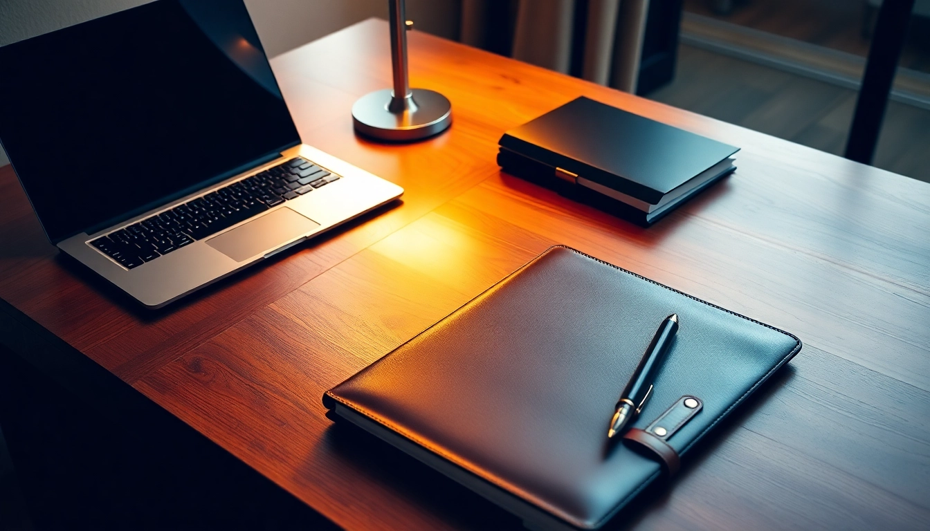 Escritorio de madera ordenado con laptop, portafolio de cuero, tarjetas de presentación y lámpara, ambiente profesional y cálido.