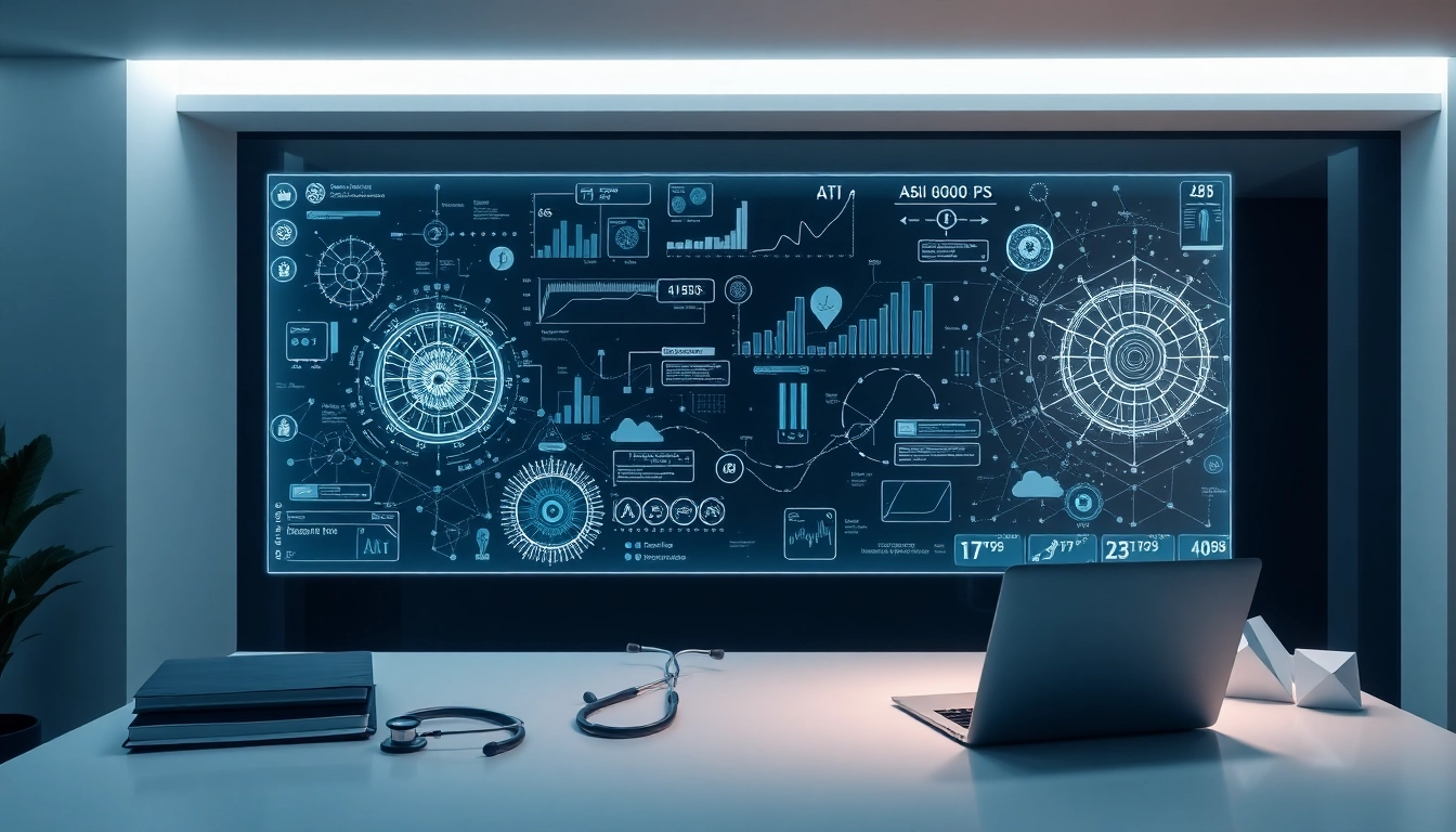 Espacio de trabajo moderno con interfaz holográfica que proyecta datos médicos complejos y algoritmos de IA sobre escritorio minimalista.