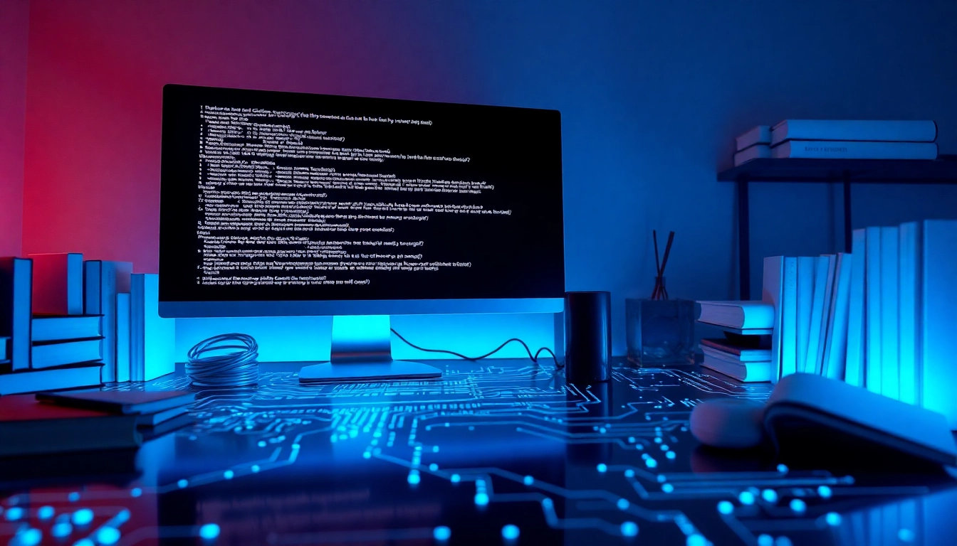 Espacio de trabajo moderno con monitor mostrando código complejo, libros técnicos ordenados y patrón digital sobre escritorio.