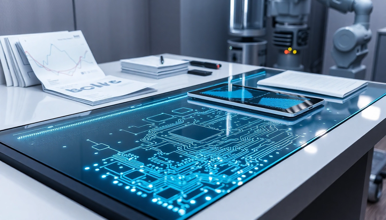 Espacio de trabajo moderno con escritorio de vidrio y patrón de circuito, tablet con datos y herramientas de precisión.