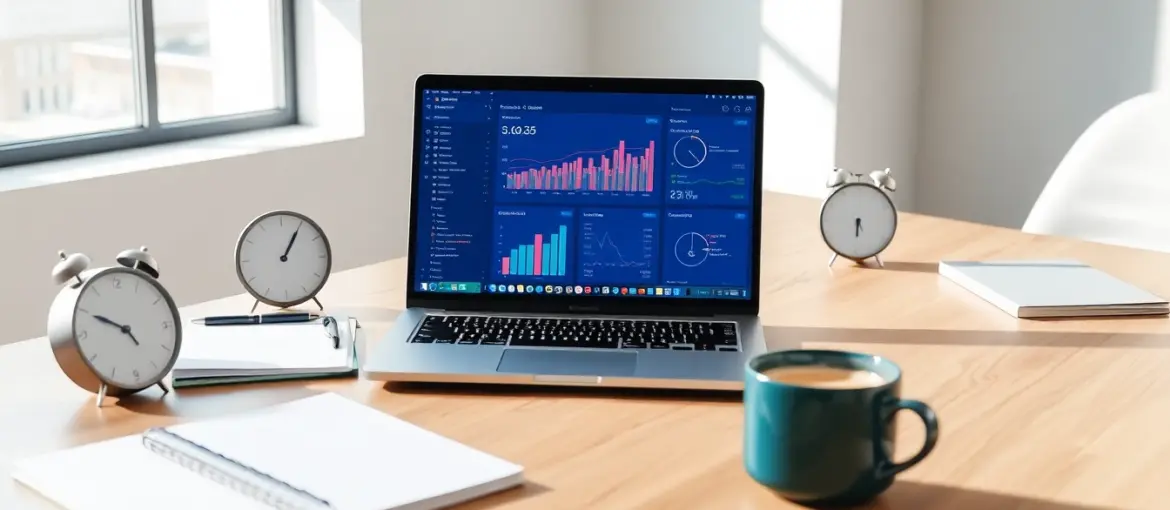 Escritorio moderno con laptop mostrando dashboard digital, documentos ordenados y café, simbolizando eficiencia empresarial.