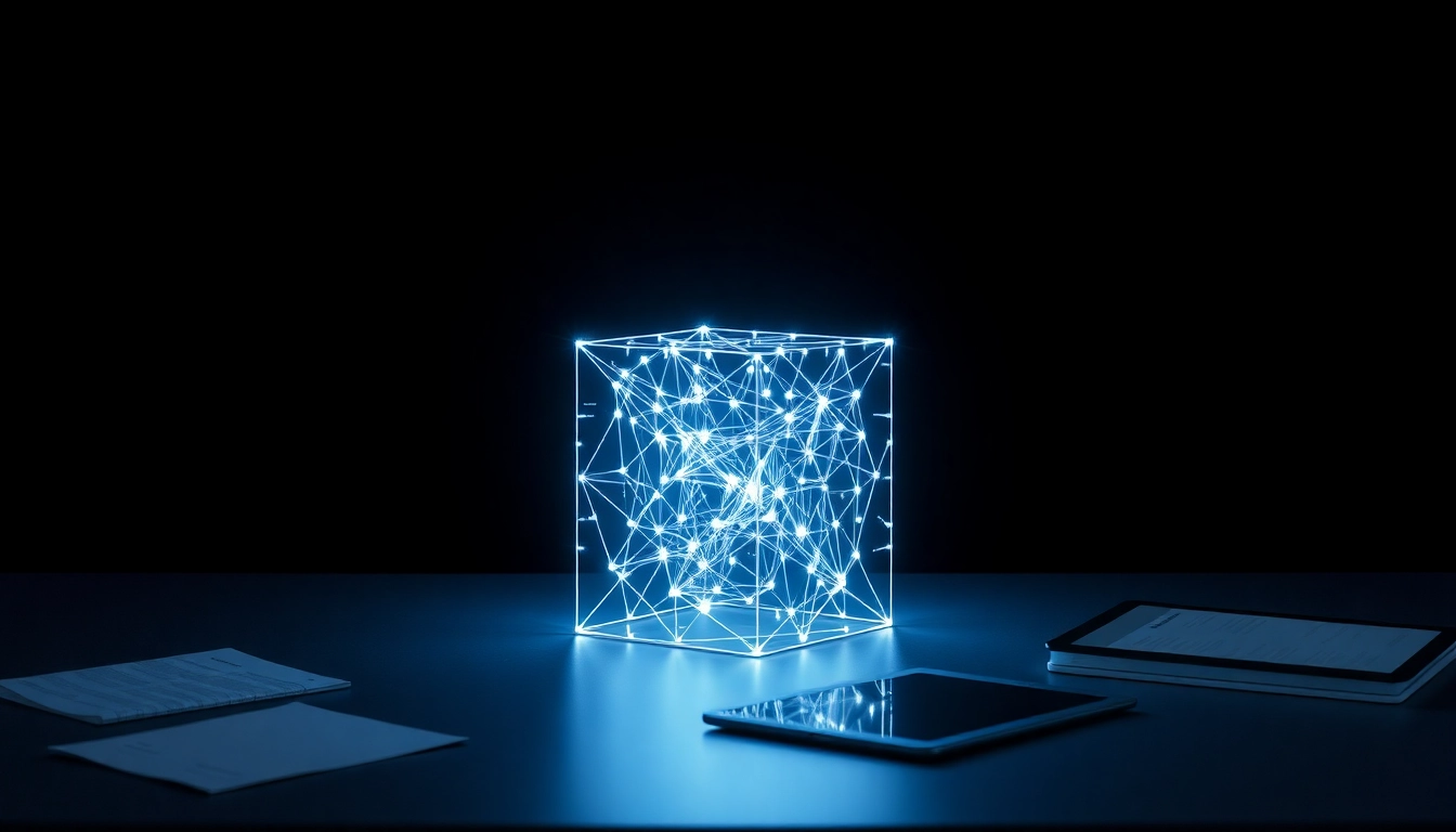 Espacio de trabajo moderno con cubo transparente brillante que simboliza libro mayor digital y tecnología financiera futurista.