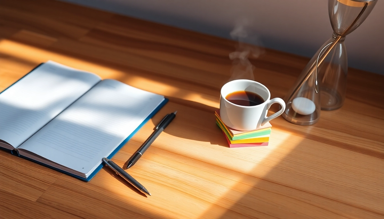 Escritorio ordenado con agenda abierta, bolígrafo plateado, notas adhesivas coloridas, café y reloj de arena simbolizando tiempo.
