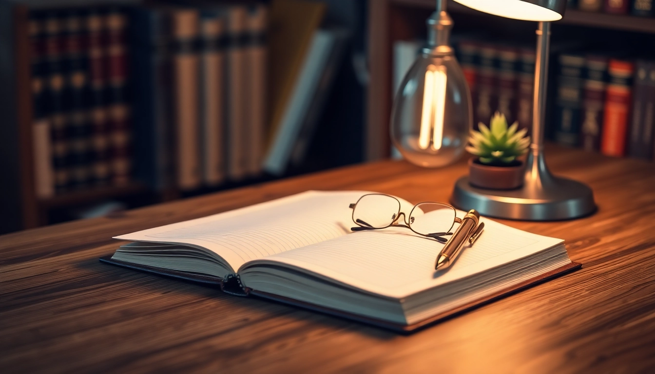 Escritorio de madera con cuaderno abierto, pluma dorada, gafas, lámpara cálida y fondo de libros, simbolizando crecimiento profesional.
