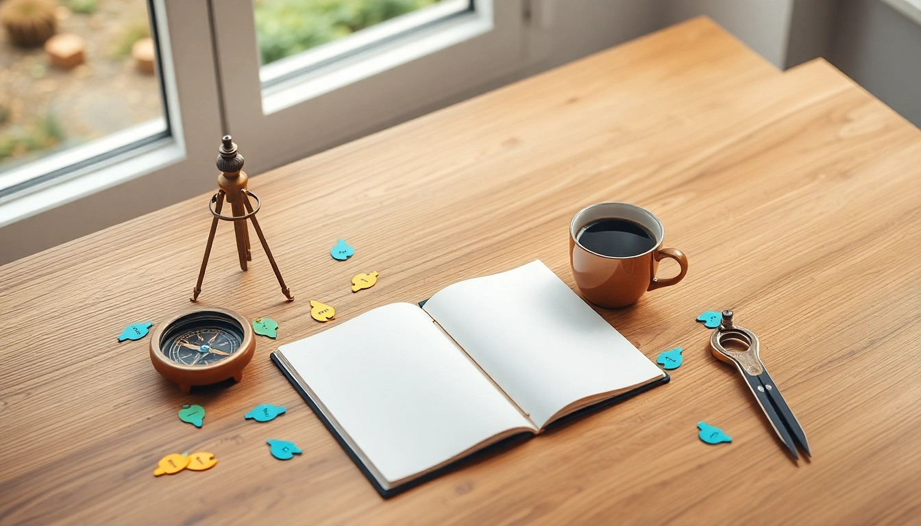 Escritorio de madera con cuaderno abierto, recortes de bombillas, brújula antigua y café, símbolo de productividad e inspiración.