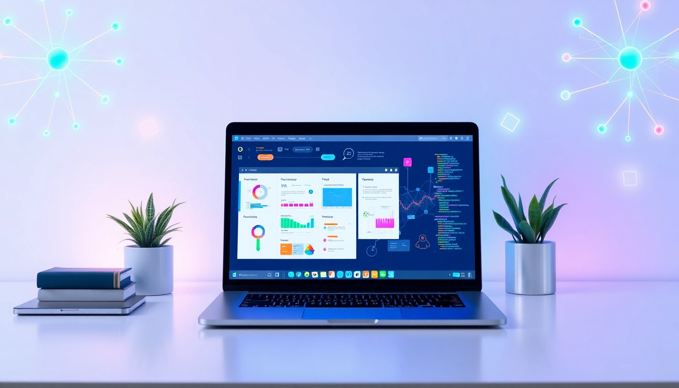 Espacio de trabajo moderno con laptop minimalista mostrando diagramas de flujo financieros y redes neuronales digitales.
