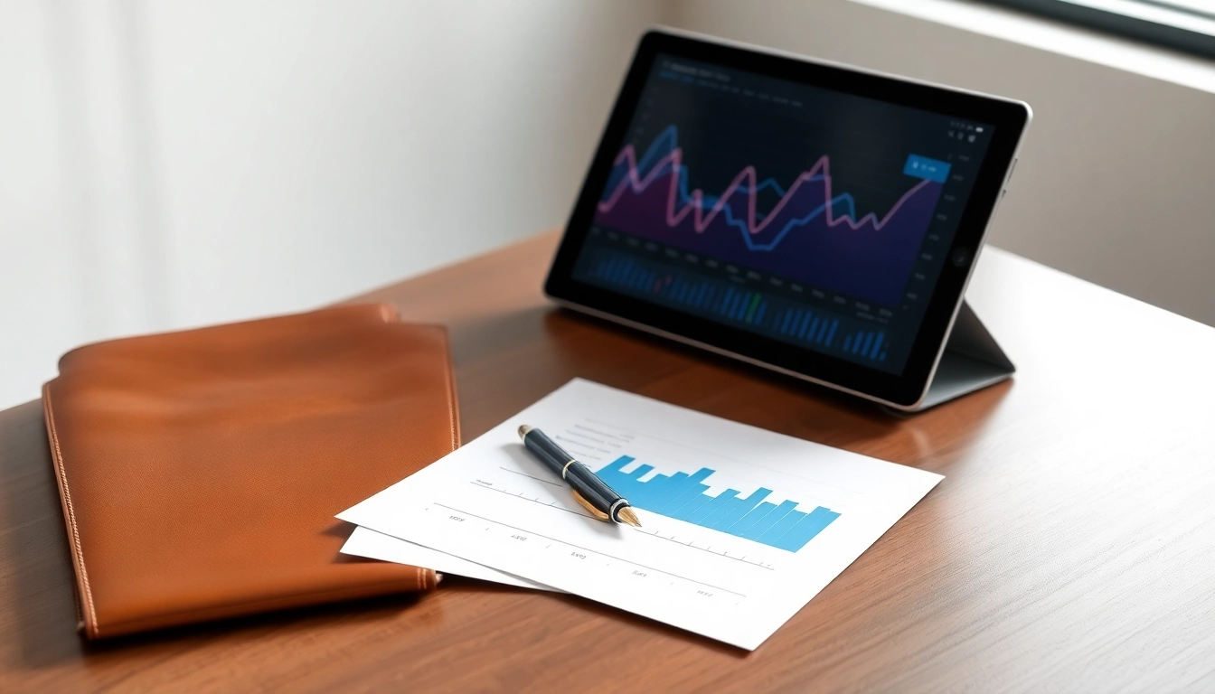 Escritorio moderno con documentos financieros organizados, tableta mostrando gráficos y cartera de cuero en oficina minimalista.
