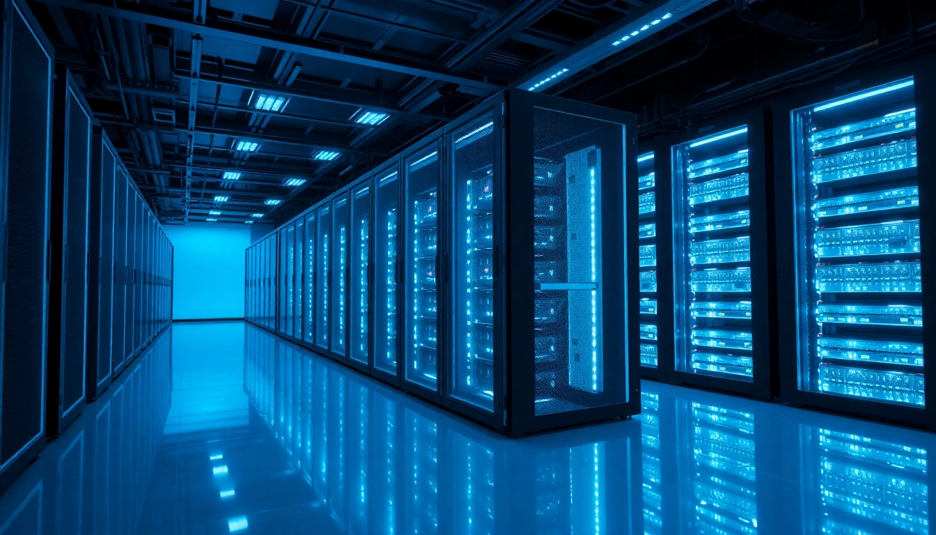 Racks modernos de servidores con luces LED azules en centro de datos limpio y ordenado, ideal para entornos financieros.